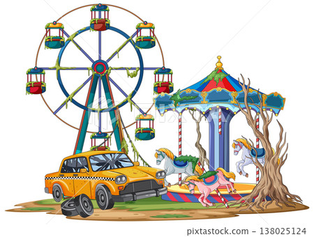 Abandoned Amusement Park With Rusty Ferris Wheel And Taxi 138025124