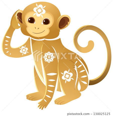Golden Chinese Zodiac Monkey Vector Illustration with Floral Patterns 138025125