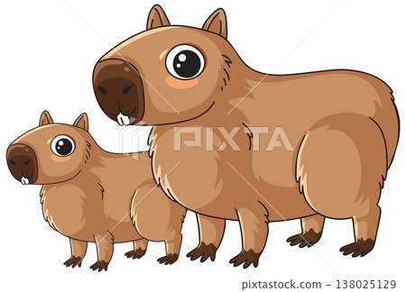 Cute Cartoon Capybara Mother and Baby Vector Illustration on White Background 138025129