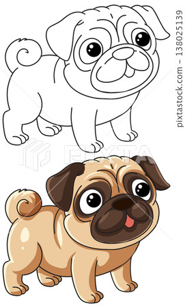 Cute Cartoon Pug Puppy Vector Illustration and Coloring Page Outline 138025139