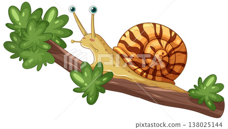 Cartoon Snail Crawling on Tree Branch with Green Leaves Cartoon Snail Crawling on Tree Branch with Green Leaves 138025144