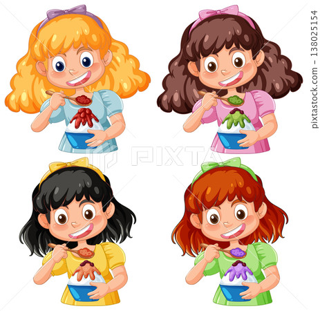 Four Cartoon Girls Eating Colorful Shaved Ice Desserts Four Cartoon Girls Eating Colorful Shaved Ice Desserts 138025154