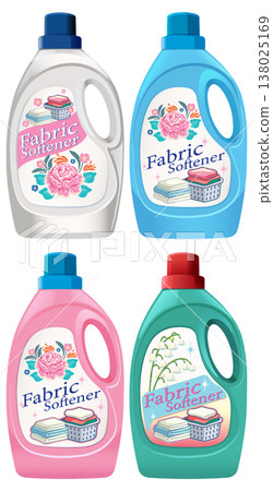 Colorful Fabric Softener Bottles with Decorative Labels Colorful Fabric Softener Bottles with Decorative Labels 138025169