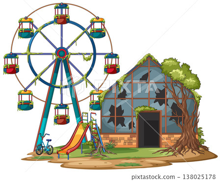 Abandoned Ferris Wheel Beside Overgrown Broken Greenhouse Building 138025178