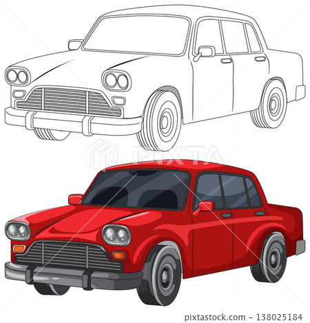 Red Classic Sedan Car Color and Line Art Illustration 138025184