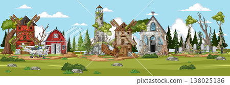 Abandoned Rural Village With Haunted Church and Windmills 138025186