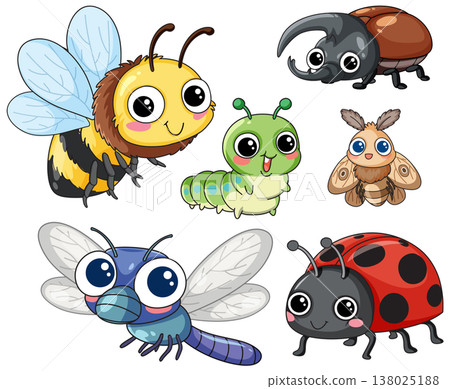 Collection of Cute Cartoon Insects and Bugs Vector Illustration Set 138025188