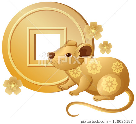 Golden Chinese Zodiac Rat with Traditional Coin and Plum Blossoms Golden Chinese Zodiac Rat with Traditional Coin and Plum Blossoms 138025197