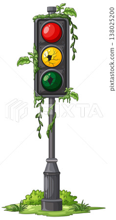 Overgrown Broken Traffic Light in Abandoned Urban Setting 138025200