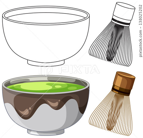 Japanese Matcha Tea Bowl and Bamboo Whisk Vector Set Japanese Matcha Tea Bowl and Bamboo Whisk Vector Set 138025202
