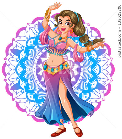 Smiling Belly Dancer Performing in Colorful Costume 138025206