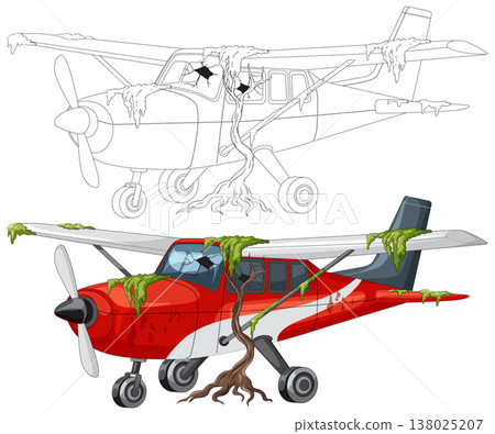 Abandoned Small Airplane Overgrown with Moss and Roots Abandoned Small Airplane Overgrown with Moss and Roots 138025207