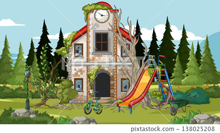 Abandoned Playground and Overgrown Schoolhouse in Forest Clearing 138025208