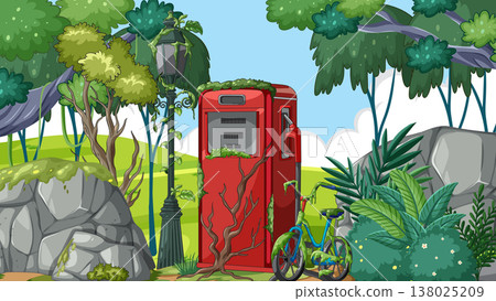 Abandoned Red Phone Booth Overgrown in Lush Forest Abandoned Red Phone Booth Overgrown in Lush Forest 138025209