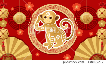 Chinese Zodiac Monkey Illustration with Traditional Red and Gold Background 138025217