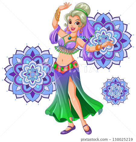 Smiling Belly Dancer Performing with Mandala Background Elements Smiling Belly Dancer Performing with Mandala Background Elements 138025219