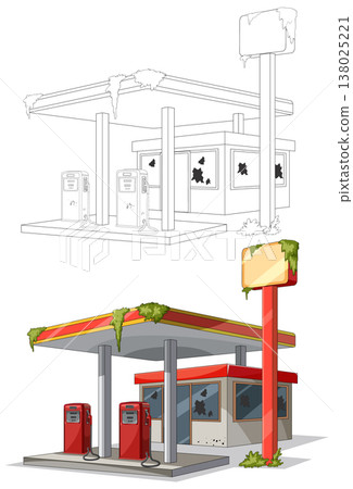 Abandoned Gas Station with Overgrown Moss Vector Illustration Abandoned Gas Station with Overgrown Moss Vector Illustration 138025221