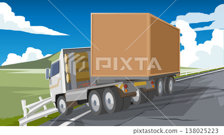 Container truck skidded on the asphalt road. Road is dented and bent. Instead of a guardrail torn from the impact. Background of meadow and mountain under blue sky and white clouds. Container truck skidded on the asphalt road. Road is dented and bent. Instead of a guardrail torn from the impact. Background of meadow and mountain under blue sky and white clouds. 138025223