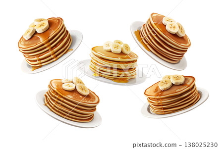 Stacks of banana topped pancakes drizzled with syrup from above plates, isolated on white background, concept of breakfast. Stacks of banana topped pancakes drizzled with syrup from above plates, isolated on white background, concept of breakfast. 138025230