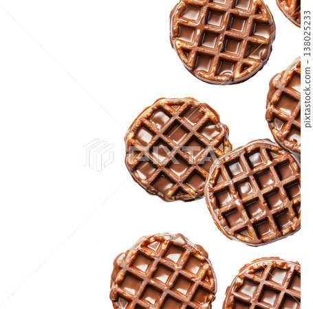 Multiple chocolate covered waffles arranged in a flat lay style isolated on white background, showing a sweet dessert food concept Multiple chocolate covered waffles arranged in a flat lay style isolated on white background, showing a sweet dessert food concept 138025233