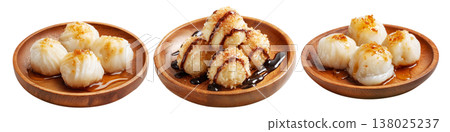 Set of Coconut rice balls or dumplings topped with syrup on wooden plate, on white background, concept of Polynesian Snacks Set of Coconut rice balls or dumplings topped with syrup on wooden plate, on white background, concept of Polynesian Snacks 138025237