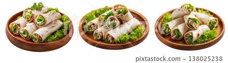 Set of Lu Pulu beef wraps filled with coconut cream in taro leaves on wooden plate, isolated on white transparent background 138025238