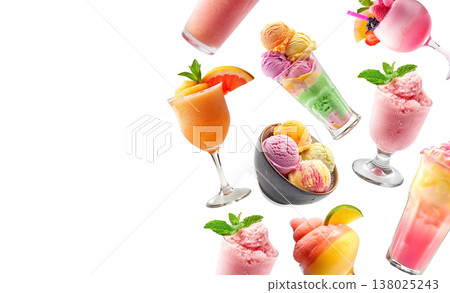 Assorted vibrant frozen beverages sherbet and ice cream isolated on white background, expressing summer refreshment concept 138025243