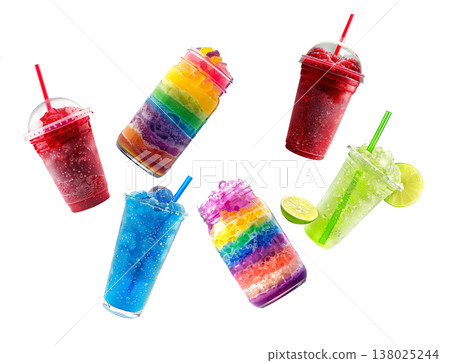 Colorful layered iced drinks slushie in jars and cups isolated on white background expressing freshness 138025244