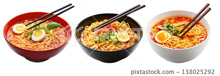 Delicious Korean ramen with boiled eggs, grilled pork, onions, and seaweed in black bowl isolated on white background Delicious Korean ramen with boiled eggs, grilled pork, onions, and seaweed in black bowl isolated on white background 138025292