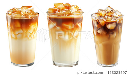 Iced latte Vietnamese Ca Phe Sua Da made with cold milk and espresso in tall clear glass, isolated on white background 138025297