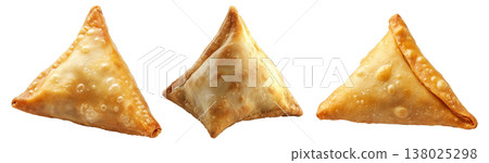 Golden brown crispy samosas isolated on white transparent background, traditional Indian snack concept 138025298