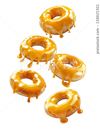 Multiple caramel glazed donuts with shiny topping arranged in seamless pattern and isolated on white background Multiple caramel glazed donuts with shiny topping arranged in seamless pattern and isolated on white background 138025301