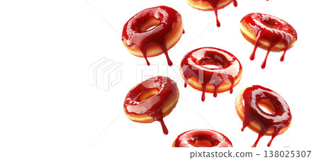 Glossy red glazed donuts with syrup dripping, isolated on white background. Concept of sweet dessert and indulgence Glossy red glazed donuts with syrup dripping, isolated on white background. Concept of sweet dessert and indulgence 138025307