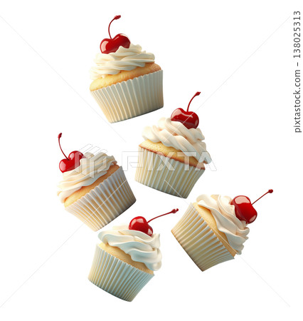 Multiple vanilla cupcakes topped with whipped cream and cherry scattered and on white background, sweet dessert concept Multiple vanilla cupcakes topped with whipped cream and cherry scattered and on white background, sweet dessert concept 138025313