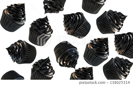 Multiple glossy black chocolate cupcakes scattered in seamless pattern, on white background, concept of modern dessert aesthetics Multiple glossy black chocolate cupcakes scattered in seamless pattern, on white background, concept of modern dessert aesthetics 138025314