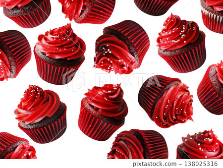 Chocolate cupcakes with red frosting and sprinkles, isolated on white background. Concept of dessert, sweets, celebration treat Chocolate cupcakes with red frosting and sprinkles, isolated on white background. Concept of dessert, sweets, celebration treat 138025316