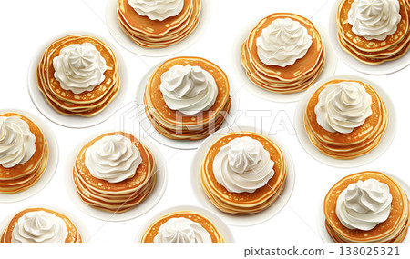 Repeating pattern of golden pancakes topped with whipped cream on plates, isolated over a white background, concept of breakfast Repeating pattern of golden pancakes topped with whipped cream on plates, isolated over a white background, concept of breakfast 138025321