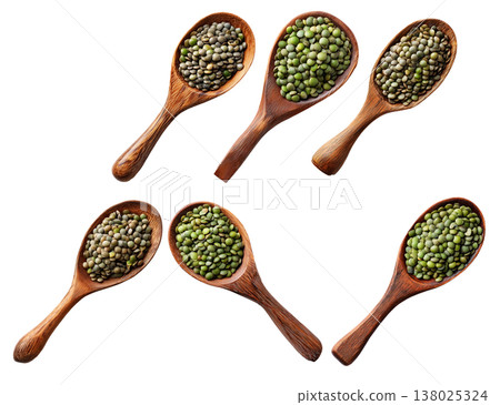 Green lentils falling from rustic wooden scoop, isolated on white background, concept of natural food and legumes Green lentils falling from rustic wooden scoop, isolated on white background, concept of natural food and legumes 138025324