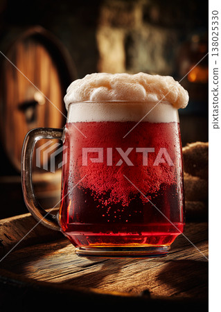 A frothy craft ruby beer on wooden bar table in warm bokeh ambient pub setting background, concept of cozy relaxation pub mood A frothy craft ruby beer on wooden bar table in warm bokeh ambient pub setting background, concept of cozy relaxation pub mood 138025330
