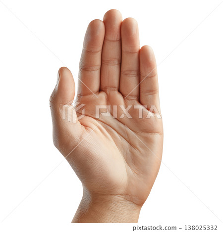 Close-up of a human hand with open palm gesture, isolated on white background. Concept of communication or greeting Close-up of a human hand with open palm gesture, isolated on white background. Concept of communication or greeting 138025332