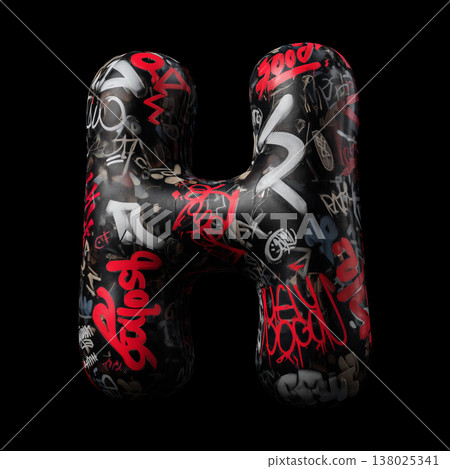 3D inflated H letter filled with bold graffiti tag in street art style on black backdrop with clipping path, urban creativity vibe 3D inflated H letter filled with bold graffiti tag in street art style on black backdrop with clipping path, urban creativity vibe 138025341