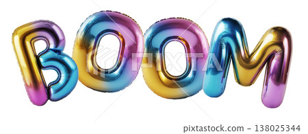 Multicolor metallic BOOM balloon letters shown in glossy style isolated on white background, symbolizing celebration and fun Multicolor metallic BOOM balloon letters shown in glossy style isolated on white background, symbolizing celebration and fun 138025344
