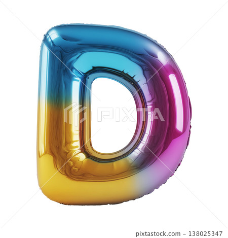 Multicolor metallic inflated balloon letter D shown in glossy style isolated on white background, celebration and festive concept Multicolor metallic inflated balloon letter D shown in glossy style isolated on white background, celebration and festive concept 138025347