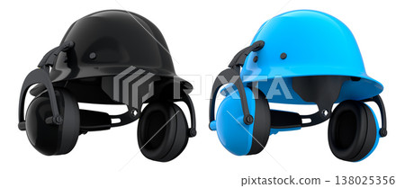 Protective helmets with attached earmuffs isolated on white background with clipping path, safety construction equipment Protective helmets with attached earmuffs isolated on white background with clipping path, safety construction equipment 138025356