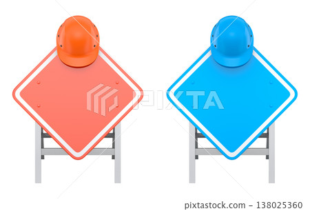 Blank traffic signs with different shapes and colors on metal poles on white background with clipping path, concept of road safety Blank traffic signs with different shapes and colors on metal poles on white background with clipping path, concept of road safety 138025360