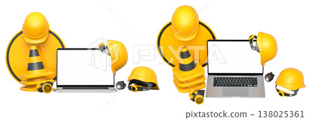 Laptops with blank screens surrounded by construction helmets, cones and warning signs on white background with clipping path 138025361