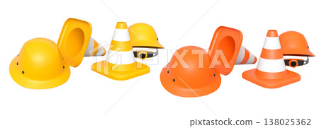Stack of construction helmets and traffic cones isolated white background with clipping path, representing safety equipment Stack of construction helmets and traffic cones isolated white background with clipping path, representing safety equipment 138025362