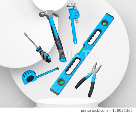 Construction tools and safety equipment floating over podium on abstract background, industrial work and protection concept Construction tools and safety equipment floating over podium on abstract background, industrial work and protection concept 138025365