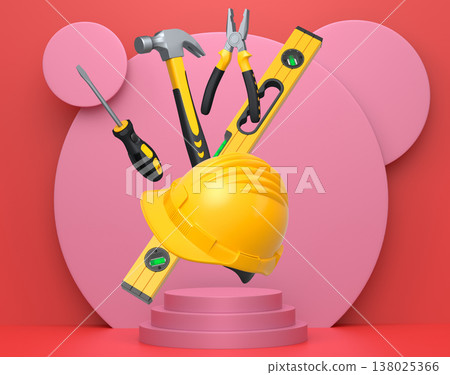 Construction tools and safety equipment floating over podium on abstract background, industrial work and protection concept Construction tools and safety equipment floating over podium on abstract background, industrial work and protection concept 138025366