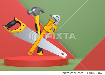Colorful saw, hammer, and wrench floating in mid-air above white pedestal or podium, concept of construction and repair 138025367
